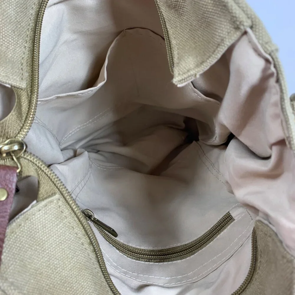 Heavy Khaki Canvas Faux Leather Trim Messenger Satchel Crossbody Bag Pockets EUC